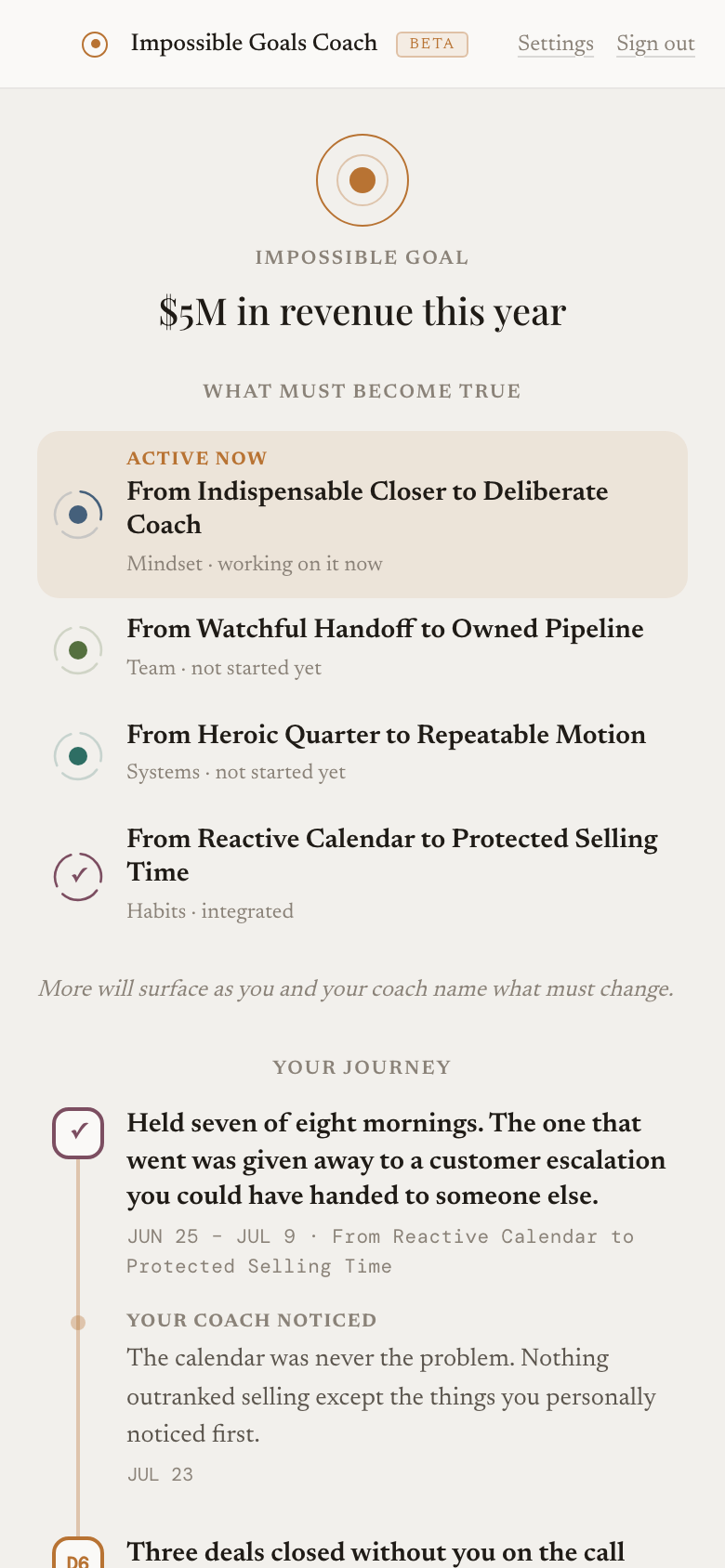 A phone showing the map for a $5M revenue goal: four named shifts, one active, one complete, and a live experiment.