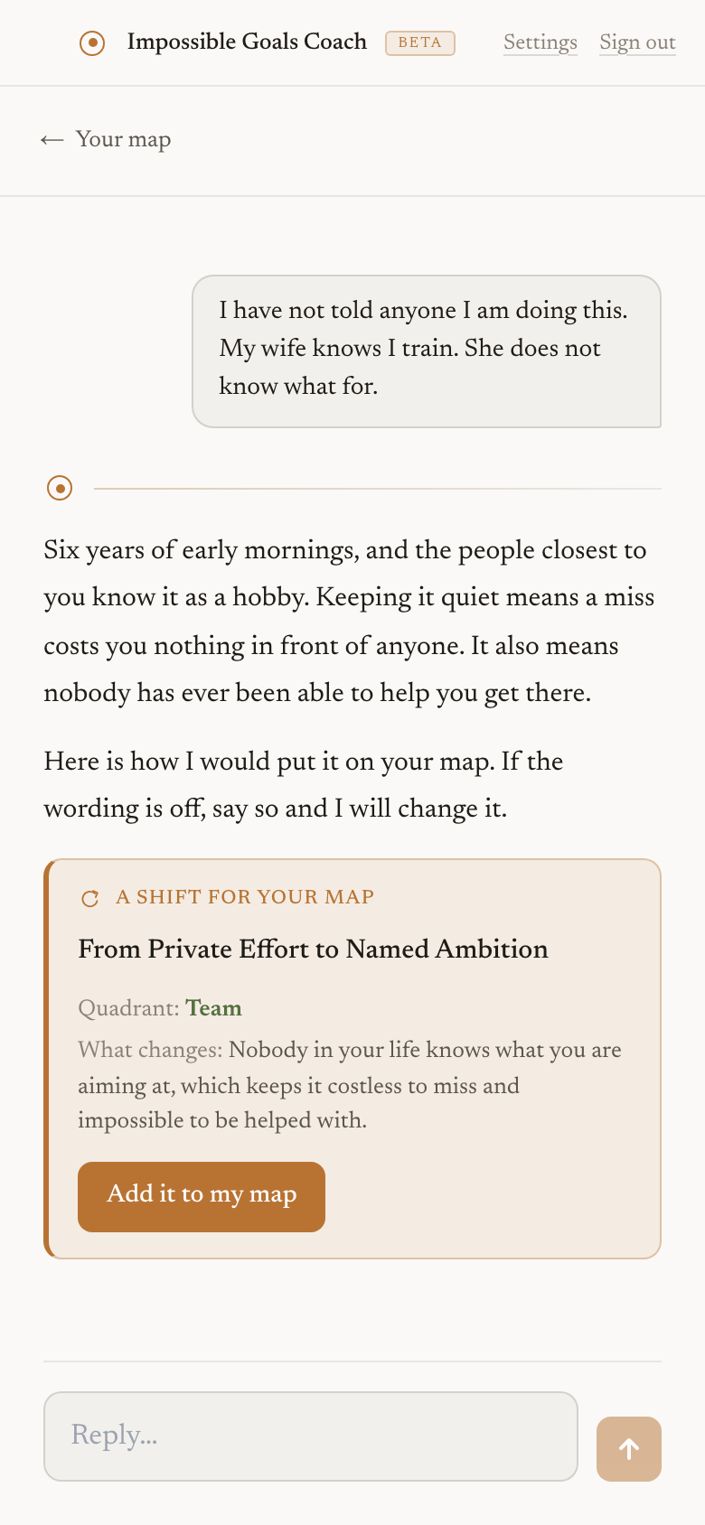 A conversation where the coach proposes a named shift, with a button to add it to the map.